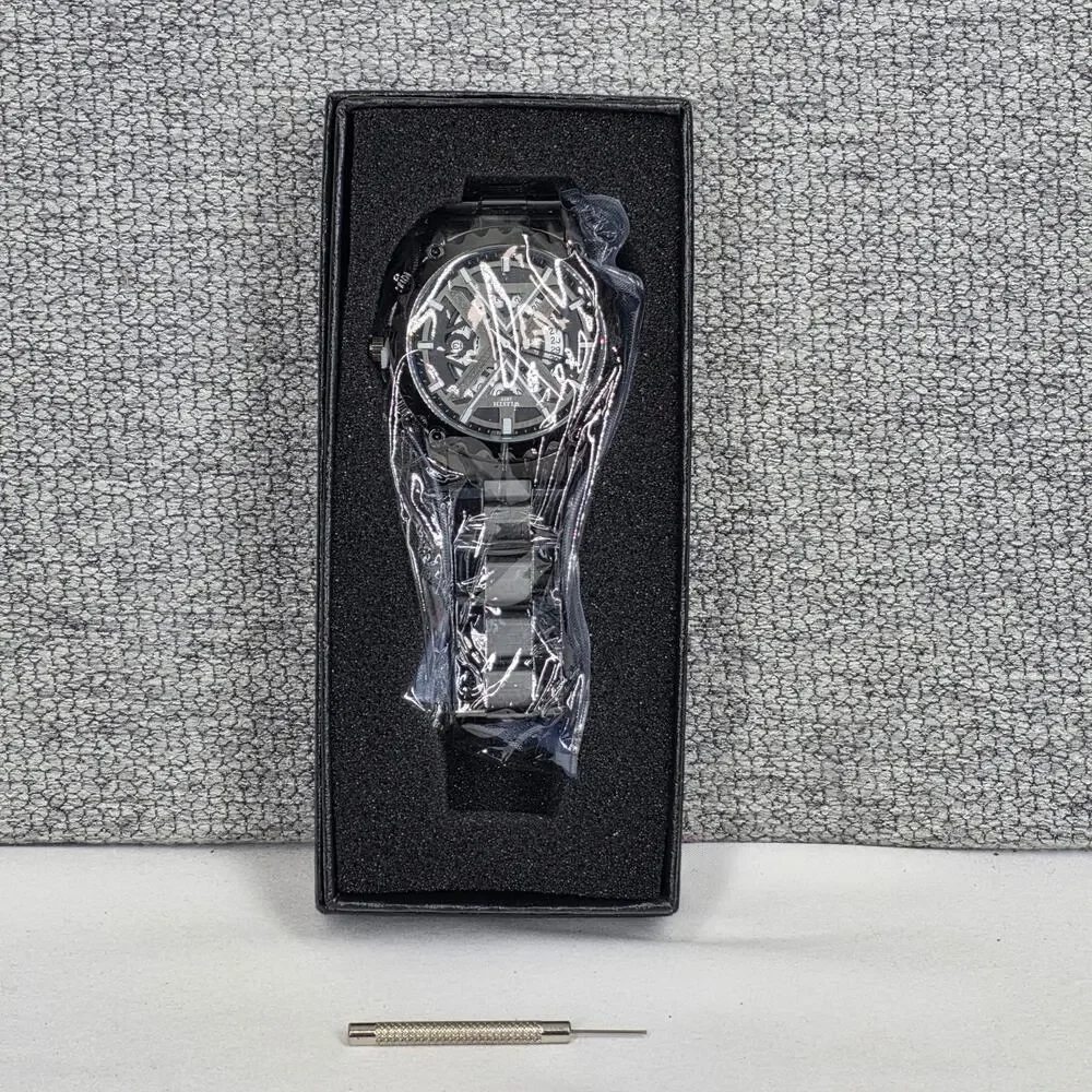 WLISTH 6191 MEN'S BLACK LUMINOUS QUARTZ WATCH – HOLLOW DIAL – STEEL BAND